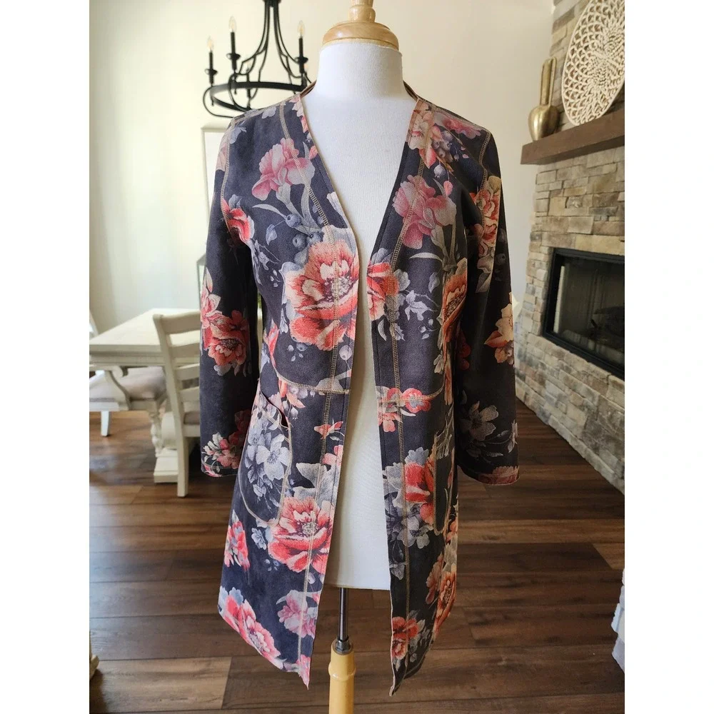 NWOT Anthropologie Solitaire Floral‎ Duster Open Front Cardigan Boho Vegan Suede